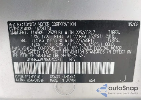 2008 Toyota Rav4 Base V6 из США, поврежденный, VIN JTMBK33V786045571